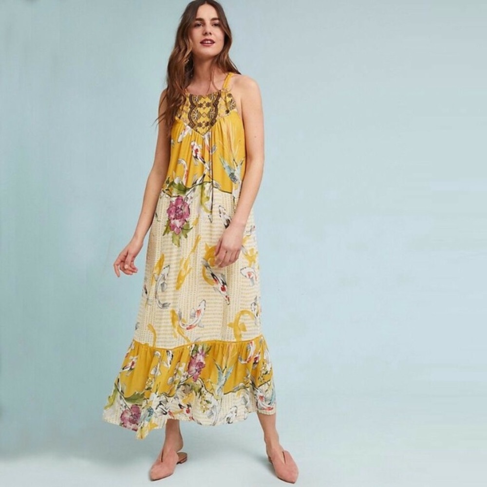 Anthropologie Paradiso koi fish halter maxi dress